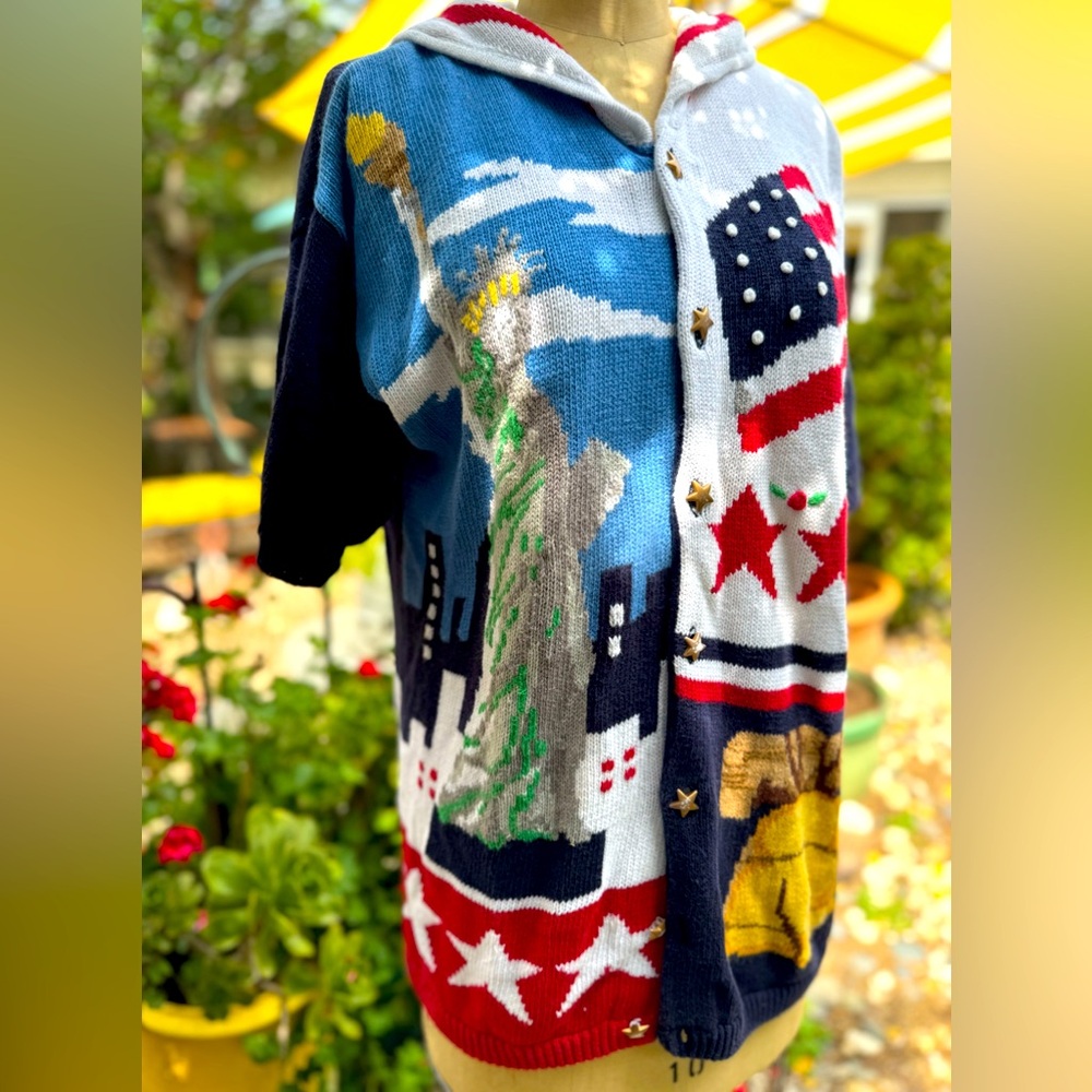 Best “ UGLY” patriotic sweater EVER ! Red, white and blue, N. Y. C.  fun , theme